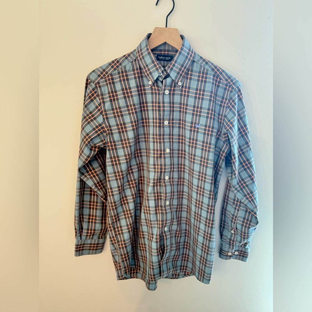 Southern Marsh Men’s 100% Cotton Blue, Orange and Brown Button Down Plaid Shirt
